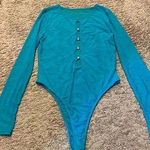 Blue long sleeve mesh bodysuit